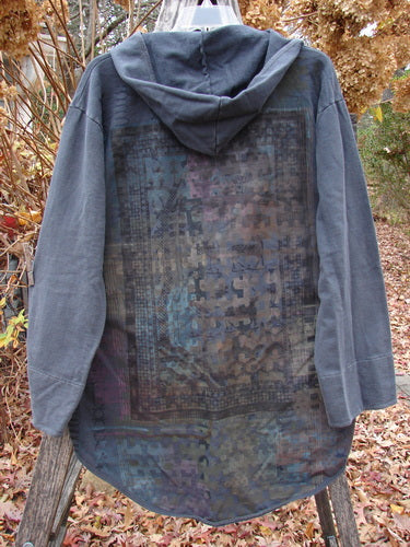 Barclay NWT Favorite Pocket Hoodie Primitive Pony Block Shadow Size 0, featuring a tapestry-style back design, long sleeves, cozy hood, and front pockets, hanging outdoors, embodying Bluefishfinder's creative, vintage-inspired style.