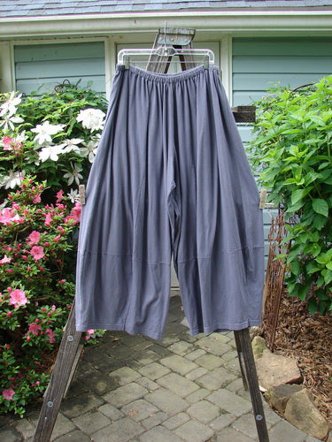 Barclay 4 Square Pant in Dusty Sky, Size 2, on rack. Light organic cotton, 3D diamond cut from knee down, pocketless sway. Waist 32-42, Hips 780, Inseam 26, Length 45. Vintage Blue Fish Clothing.
