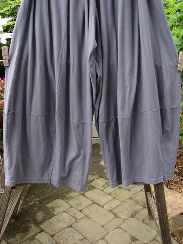 Barclay 4 Square Pant in Dusty Sky, Size 2, on stand. Unique 3D diamond cut from knee down, light organic cotton, elastic waistline. Pocketless sway, waist 32-42, hips 780, inseam 26, length 45.