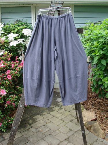 Barclay 4 Square Pant in Dusty Sky, Size 2, hanging on a clothesline outdoors. Made of organic cotton, featuring a unique 3D diamond cut at the bottom, and a replaced elastic waistline. Vintage Blue Fish Clothing.