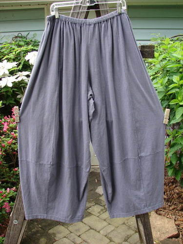 Barclay 4 Square Pant in Dusty Sky, Size 2, on a clothes line. Light Weight Organic Cotton with a 3D Diamond bottom cut, elastic waistline, and pocketless sway. Waist 32-42, Hips 780, Inseam 26, Length 45.