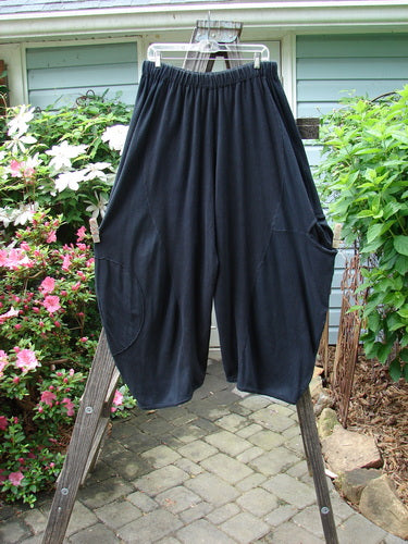 A pair of Barclay Hemp Cotton Thermal Accent Circle Pants in Unpainted Black Size 2 hanging on a clothes rack outdoors.