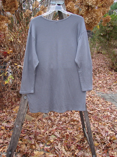 Barclay NWT Modal Organic Cotton Sketchbook Top Dragonfly Haze Size 1 displayed on a wooden stepladder, highlighting its loose fit, long sleeves, rounded neckline, and scooped hem amidst autumn leaves.
