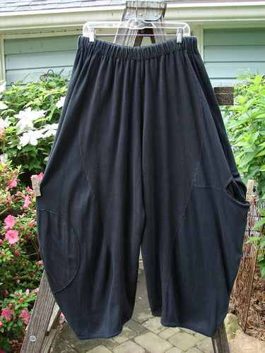 Barclay Hemp Cotton Thermal Accent Circle Pant Unpainted Black Size 2, hanging on a clothesline, showcasing its elastic waistline and wide lower panels. Perfect for a cozy, vintage look.