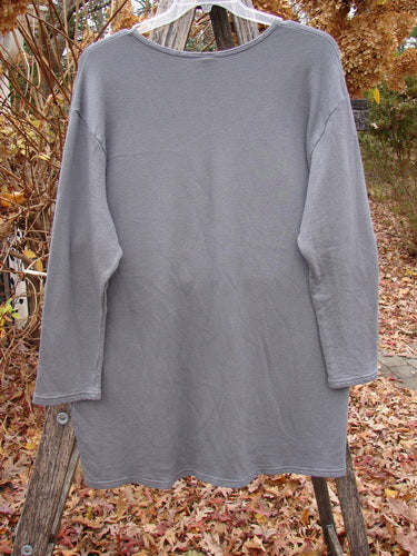 Barclay NWT Modal Organic Cotton Sketchbook Top Dragonfly Haze Size 1 displayed on an outdoor wooden trellis, showcasing its long sleeves, rounded neckline, and unique upward scooped front hem.