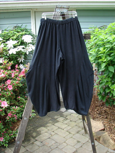 Barclay Hemp Cotton Thermal Accent Circle Pant Unpainted Black Size 2 displayed on a clothes rack with visible thick elastic waistline and sectional panels.
