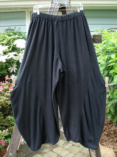 Barclay Hemp Cotton Thermal Accent Circle Pant Unpainted Black Size 2 displayed on a clothesline, highlighting its thick elastic waistline, curvy sectional panels, and unique mid-way circle pocket.