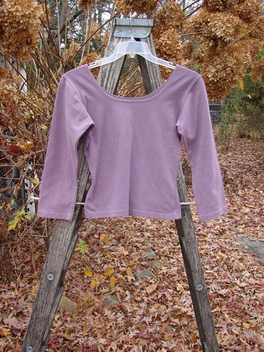 1994 Cotton Lycra Ballerina Layering Top Plave Smaller Size 2 hangs on a clear plastic hanger over a weathered wooden ladder. The fitted top features a ballerina neckline and tapering waist.