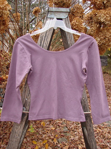 1994 Cotton Lycra Ballerina Layering Top Plave Smaller Size 2 displayed on a clear hanger, showcasing its long sleeves and ballerina neckline, with an outdoor setting of autumn leaves and dried hydrangeas.