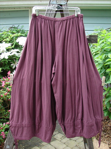 A pair of Barclay Tie Bottom Square Pant Unpainted Maroon Size 2, hanging on a clothesline, showcasing the wide lowers, exterior upper pockets, and tie bottoms.