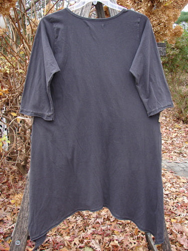 Barclay Sunny Day Pocket Tunic Dress Flutter Bamboo Steel Meteorite Size 1, featuring a loose fit, three-quarter sleeves, asymmetrical hem, and two exterior pockets, hanging outdoors amid autumn leaves.