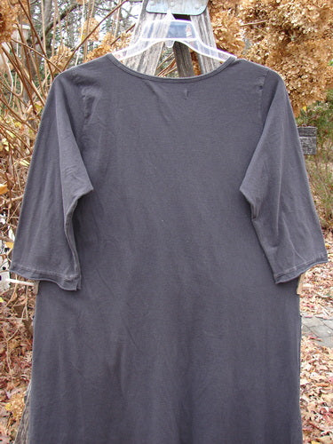 Barclay Sunny Day Pocket Tunic Dress Flutter Bamboo Steel Meteorite Size 1, displayed outdoors, features a rounded neckline, three-quarter sleeves, varying hemline, and two exterior pockets with flutter edges.