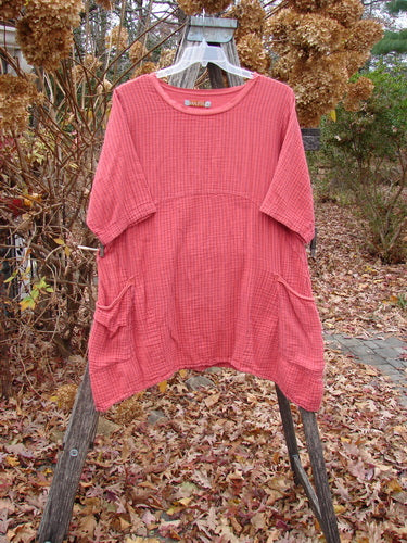 Barclay Gauze Two Pocket Urchin Dress Unpainted Geranium Stripe Size 1, featuring a loose fit, wide scoop neckline, dropped shoulders, and two side pockets, displayed on a wooden hanger outdoors.