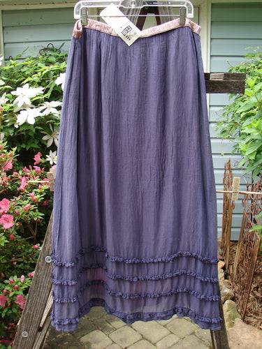 Barclay NWT Pas de Deux Quad Contrast Ruffle Skirt on a clothesline, showcasing a purple skirt with ruffle accents and a layered silk texture. Waistline details, ruffles, and sheer lining visible. Vintage Blue Fish Clothing.