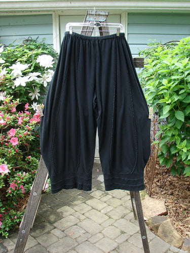 Barclay Reverse Stitch Contrast Cuff Pant Unpainted Black Size 2 displayed on a clothes rack, showcasing elastic waistline, rippled cuffs, and reverse stitched panels.