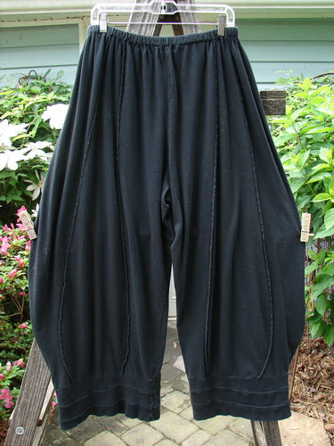 Barclay Reverse Stitch Contrast Cuff Pant Unpainted Black Size 2 displayed on a railing, showcasing full elastic waistline, pinched cuffs, and vertical reverse stitched panels.