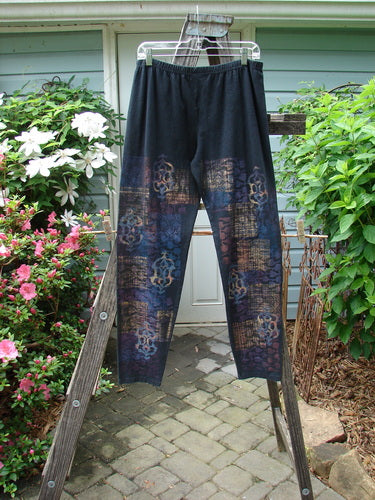 Barclay Cotton Hemp Relaxed Legging featuring a Metallic Celtic Theme on a clothesline. Perfect for Fall layering, with a Full Elastic Waistline and Generous Hip Measurement. Size 2. Vintage Blue Fish Clothing from BlueFishFinder.com.