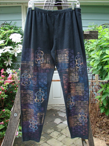 Barclay Cotton Hemp Relaxed Legging featuring Celtic Metallic design on a fence. Perfect for fall layering. Size 2: Relaxed Waist 30, Stretched Waist 40, Hips 44, Inseam 28, Length 39. Vintage Blue Fish Clothing.