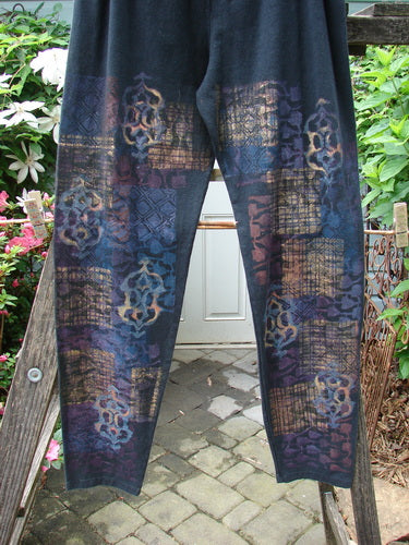 Barclay Cotton Hemp Relaxed Legging Celtic Metallic Black Size 2, a cozy Fall layering piece from BlueFishFinder's Vintage Blue Fish Clothing collection. Features a metallic Celtic theme on a pair of blue pants with a pattern.