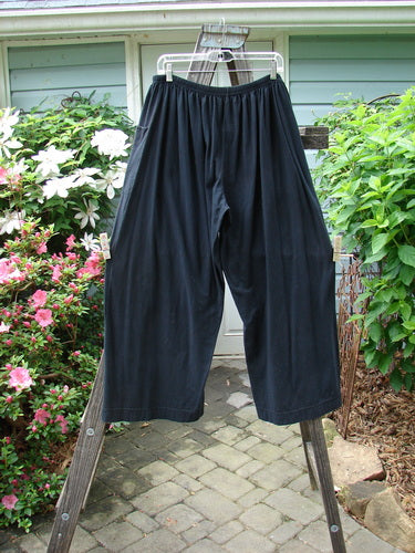 Barclay Basic Pocket Flare Pant Unpainted Black Size 2 displayed on a clothes rack, showcasing its full elastic waistline and wide lowers, emphasizing its cozy and generous fit.
