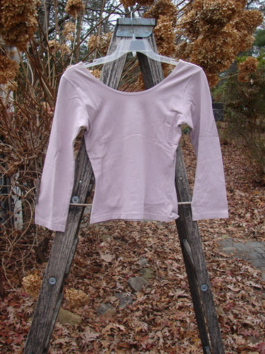 1994 Cotton Lycra Ballerina Layering Top Unpainted Plave Smaller Size 2, featuring a scoop neck, long sleeves, and tapering waist, elegantly displayed on a ladder, showcasing its fitted, stretchy design.