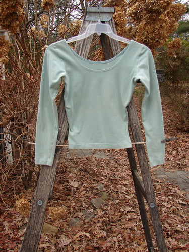1994 Cotton Lycra Ballerina Layering Top Unpainted Menthe Smaller Size 1, long-sleeved with a scoop neckline, hangs on a ladder outdoors, highlighting its fitted, stretchy design ideal for layering.