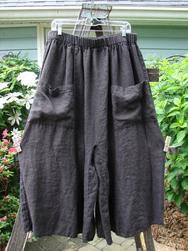 A pair of Barclay Linen Crop Wide Leg Pocket Pant Unpainted Black Size 2 hanging on a clothesline, showcasing its wide legs, oversized pockets, and thick elastic waistband.