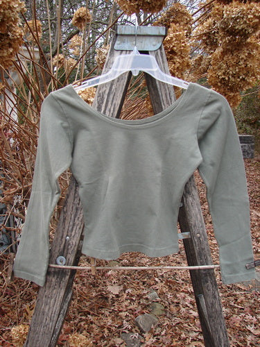 1994 Cotton Lycra Ballerina Layering Top Unpainted Seaweed Smaller Size 1 showcased on a clear hanger over a rustic ladder, highlighting its stretch fabric, ballerina neckline, and fitted design against an outdoor autumn setting.