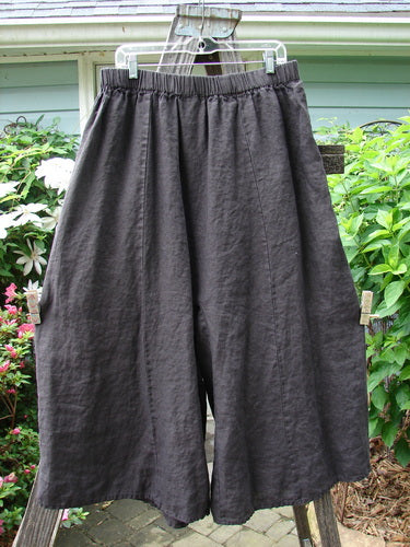A pair of Barclay Linen Crop Wide Leg Pocket Pant Unpainted Black Size 2 hangs on a clothesline, showcasing its generous hip measurements, oversized pockets, and wide lower legs.