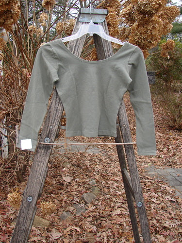 Olive-green 1994 Cotton Lycra Ballerina Layering Top Unpainted Seaweed Smaller Size 1 with a wide scooped neckline and fitted shape hangs on a ladder, embodying Bluefishfinder's vintage charm and individuality.