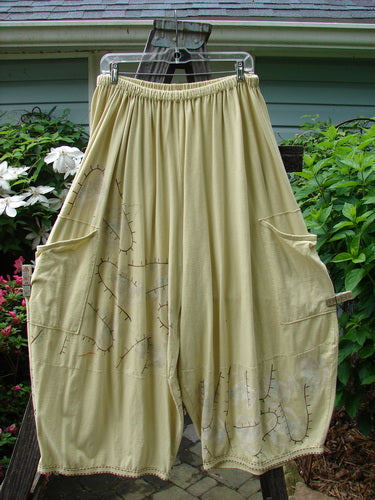 A Barclay Hemstitch 4 Square Side Pocket Pant Pathway Plantain Size 2 hanging on a clothesline, showcasing the unique 3D drape from the knee down and exterior drop side pockets.
