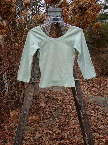 1994 Cotton Lycra Ballerina Layering Top Unpainted Aloe Smaller Size 2, displayed on a weathered wooden ladder, highlighting its three-quarter sleeves, fitted waist, and ballerina neckline against a natural outdoor backdrop.