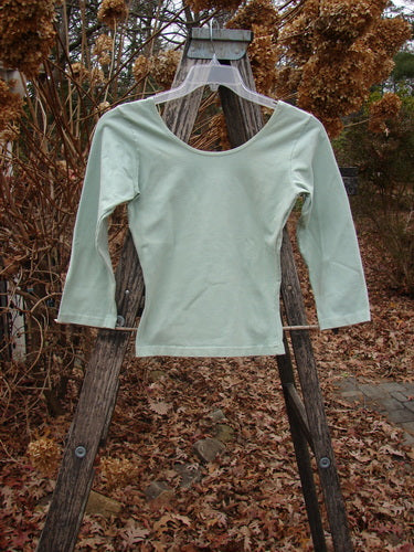 1994 Cotton Lycra Ballerina Layering Top Unpainted Aloe Smaller Size 2 displayed on a hanger, showcasing its three-quarter sleeves, tapered waist, and ballerina neckline, set against an outdoor autumn backdrop.