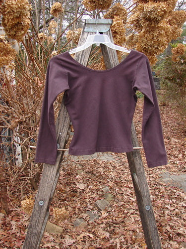 1994 Cotton Lycra Ballerina Layering Top Unpainted Redyed Black Cherry Size 2, displayed on a clear hanger over a rustic wooden ladder, surrounded by dried hydrangeas and autumn leaves, showcases its scoop neckline and long sleeves.