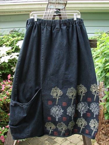 Barclay Heavy Weight Denim Belted Pocket Skirt Tree Black Indigo Size 2 featuring a forest-themed design, thick elastic waistline with belt loops, and an oversized front pocket.