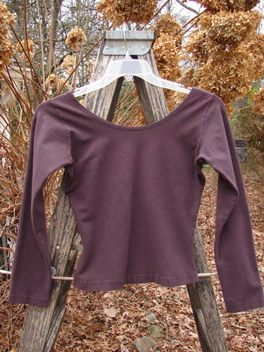 The 1994 Cotton Lycra Ballerina Layering Top Unpainted Redyed Black Cherry Size 2, with a scoop neckline and long sleeves, hangs on a ladder, showcasing its fitted, tapering silhouette.