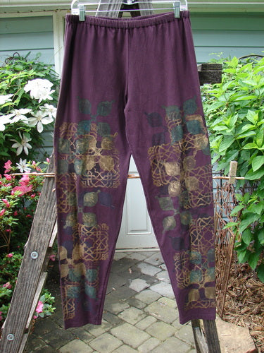 Barclay Cotton Lycra Relaxed Legging featuring Metallic Celtic design in Maroon, Size 2. Vintage Blue Fish Clothing by Jennifer Barclay. Perfect condition, medium weight hemp cotton, elastic waist, generous hip, longer relaxed leg.