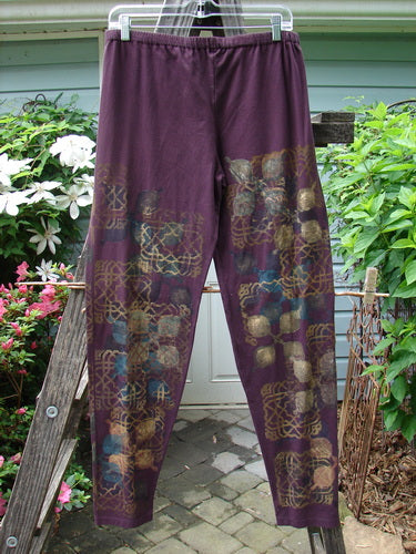 Barclay Cotton Lycra Relaxed Legging featuring a Metallic Celtic Theme in Maroon, Size 2. Perfect for Fall layering, with a medium weight hemp cotton blend, elastic waistline, and generous hip measurement. Vintage Blue Fish Clothing from BlueFishFinder.com.