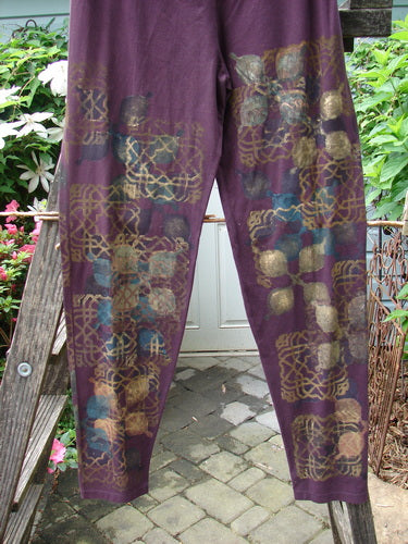 Barclay Cotton Lycra Relaxed Legging with Metallic Celtic Theme, Maroon, Size 2. Vintage Blue Fish Clothing by Jennifer Barclay. Perfect condition, medium weight hemp cotton, elastic waistline, generous hip, longer relaxed leg.