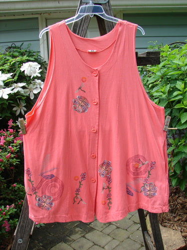 Barclay Simple Sectional Vest Dragonfly Floral Tangerine Size 2, featuring a dragonfly floral design with thick round-edged buttons, widening hemline, oval neckline, and inseam pockets, displayed on a clothes hanger.