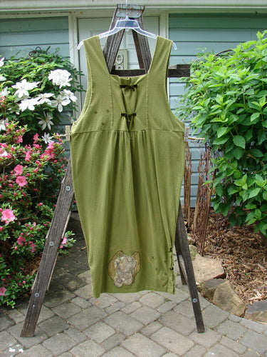 A vintage 1993 Tie Jumper in Olive, size 2, from BlueFishFinder. Features include velvet ribbon ties, empire waist, and mythical goddess theme paint. Bust 15, waist 48, hips 50, length 52.