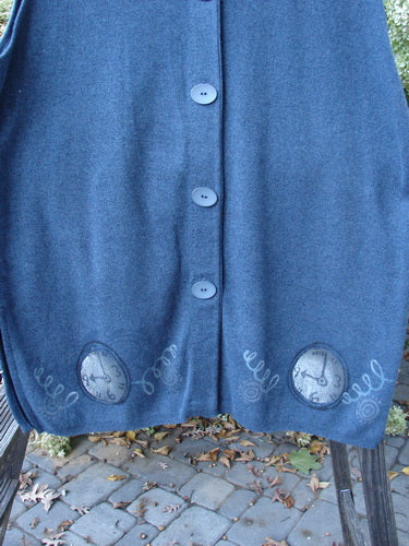1997 Cashmere Archway Vest with pocket watch theme buttons and ribbed hemline, made from soft and durable Blue Fish Cotton Cashmere fabric.