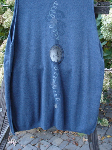 1997 Cashmere Archway Vest with pocket watch theme. Blue shirt with clock on it. Deep V neckline, ribbed hemline, rolled seams, and tiny side vents.