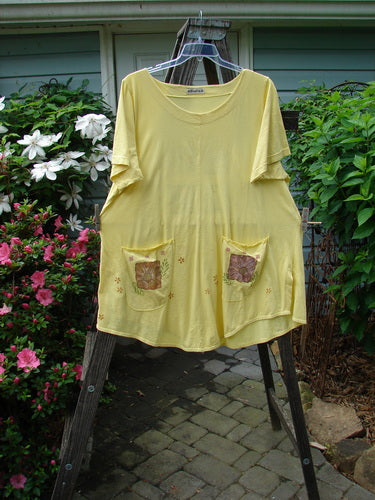 Barclay Double Pocket Lace Twinkle Top Daisy Power Sunshine Size 2 displayed on a clothesline with lace-topped pockets and a rounded banded bottom, showcasing its A-line shape and feminine neckline.