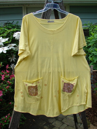 A Barclay Double Pocket Lace Twinkle Top Daisy Power Sunshine Size 2 hanging on a clothesline, showcasing lace-topped pockets and daisy design.