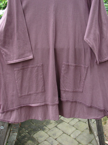 Barclay Hi Low Pocket Tunic Top Unpainted Earthen Plum Size 2, featuring a rounded neckline, varying hemline, sweeping A-line shape, double lower front pockets, and three-quarter length sleeves, displayed on a hanger.