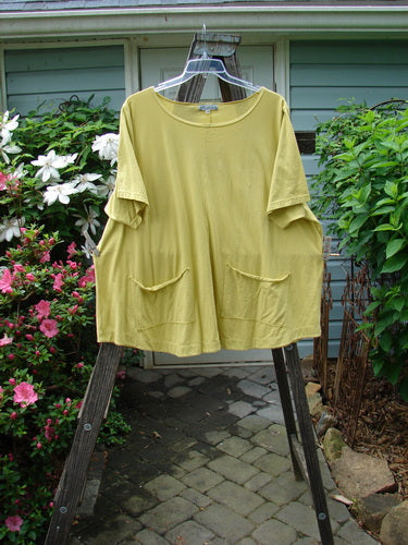 Barclay Double Pocket Twinkle Top in Sunshine, Size 2, hanging on a clothes rack surrounded by plants. Vintage Blue Fish Clothing by Jennifer Barclay, offering creative freedom for women since 1986.