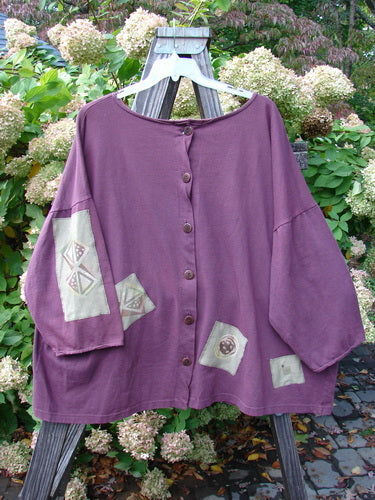 Barclay PMU Patched Cotton Hemp Big Square Shirt: A purple sweater with patchwork designs, drop shoulders, and a wide square shape. Size 3.