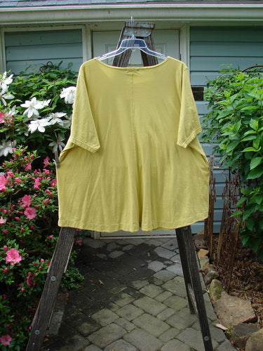 Barclay Double Pocket Twinkle Top Unpainted Sunshine Size 2 on a clothes rack, showcasing A-line silhouette, scalloped hem, and exterior pockets. Vintage Blue Fish Clothing by Jennifer Barclay.