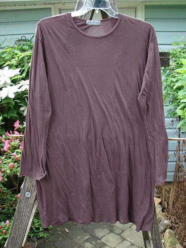 Barclay Batiste Tunic Curve Top Unpainted Red Earth Size 2 displayed on a clothes rack, highlighting its long sleeves, curvy seams, tapered bodice, and rounded neckline.